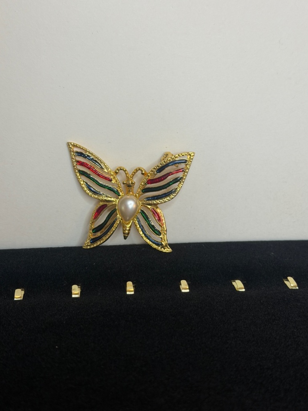 Gold Butterfly Brooch with Multicolor Enamel and Pearl Accent